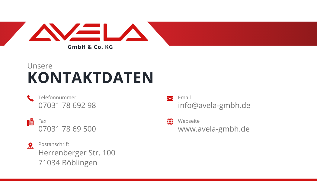 Herrenbergerstr. 100 in 71034 Böblingen, Telefonnr 07031 261 00 98, Fax 07031 261 00 99, Email info@avela-gmbh.de